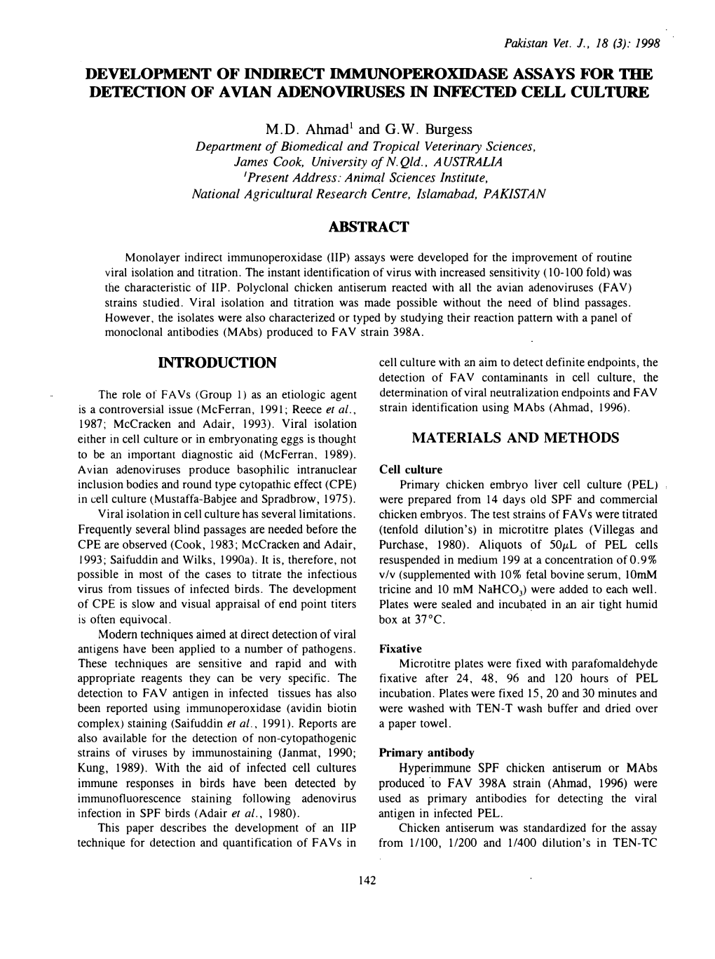 Development of Indirect Immunoperoxidase Assays for the Detection of Avian Adenoviruses in Infected Cell Culture