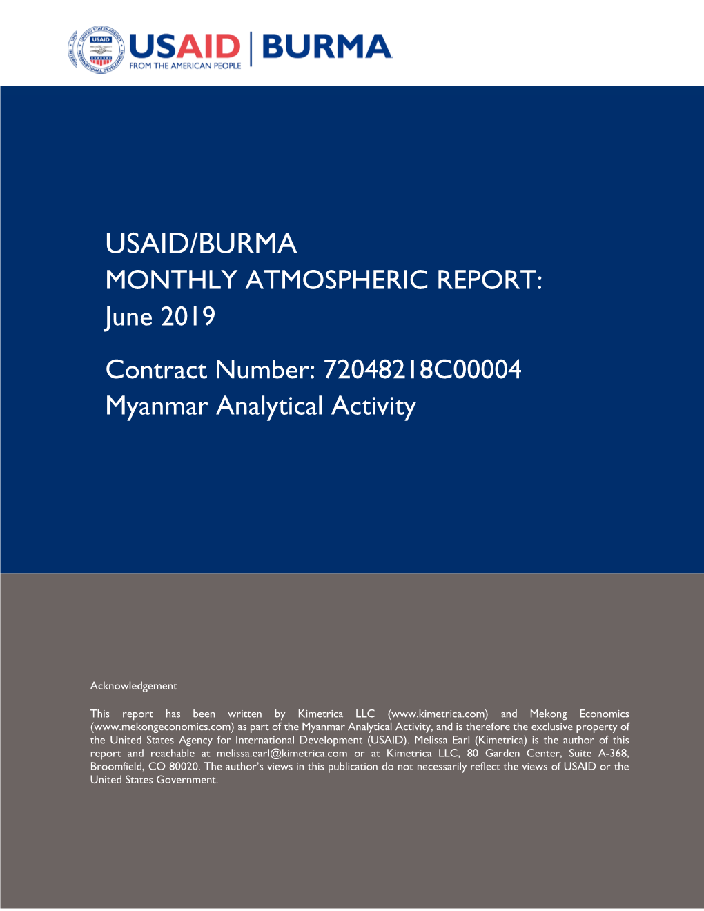 MONTHLY ATMOSPHERIC REPORT: June 2019 Contract Number