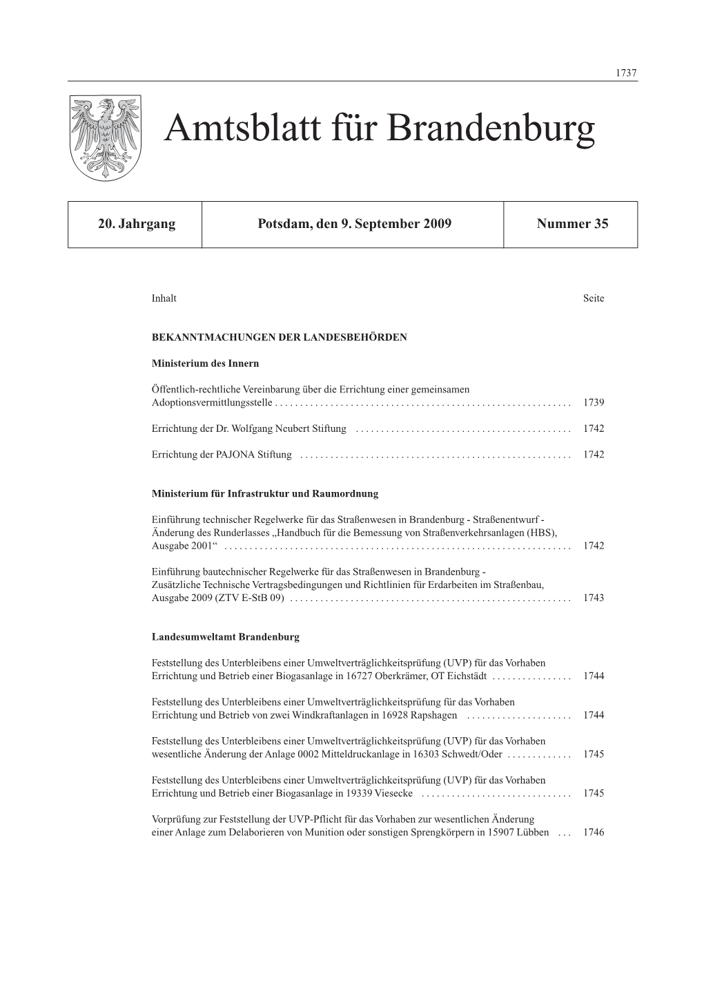 Amtsblatt Für Brandenburg, 2009, Nummer 35