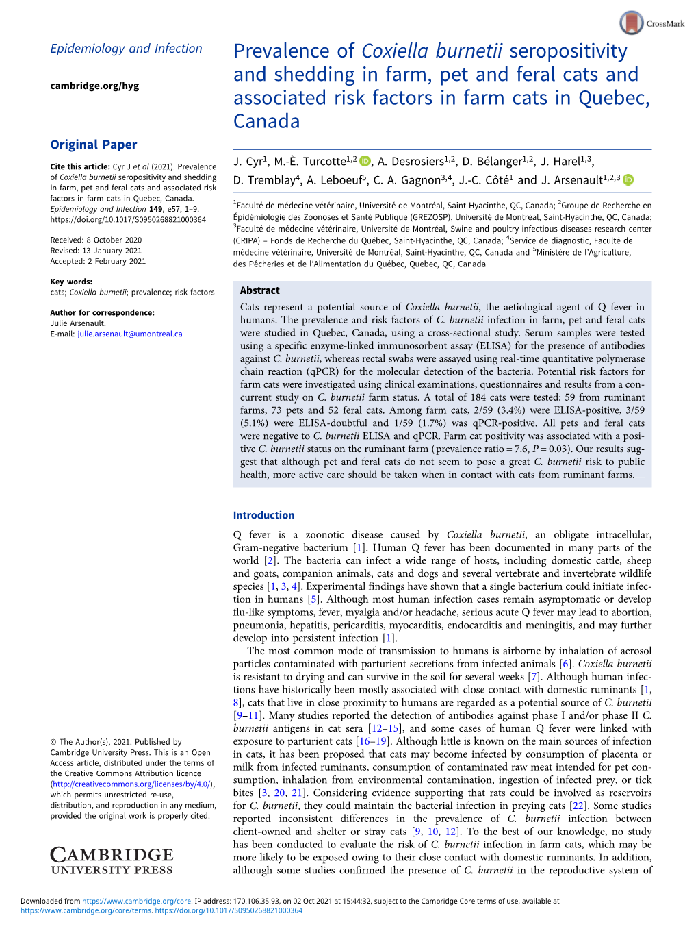 Prevalence of Coxiella Burnetii Seropositivity and Shedding in Farm, Pet and Feral Cats and Associated Risk Factors in Farm Cats