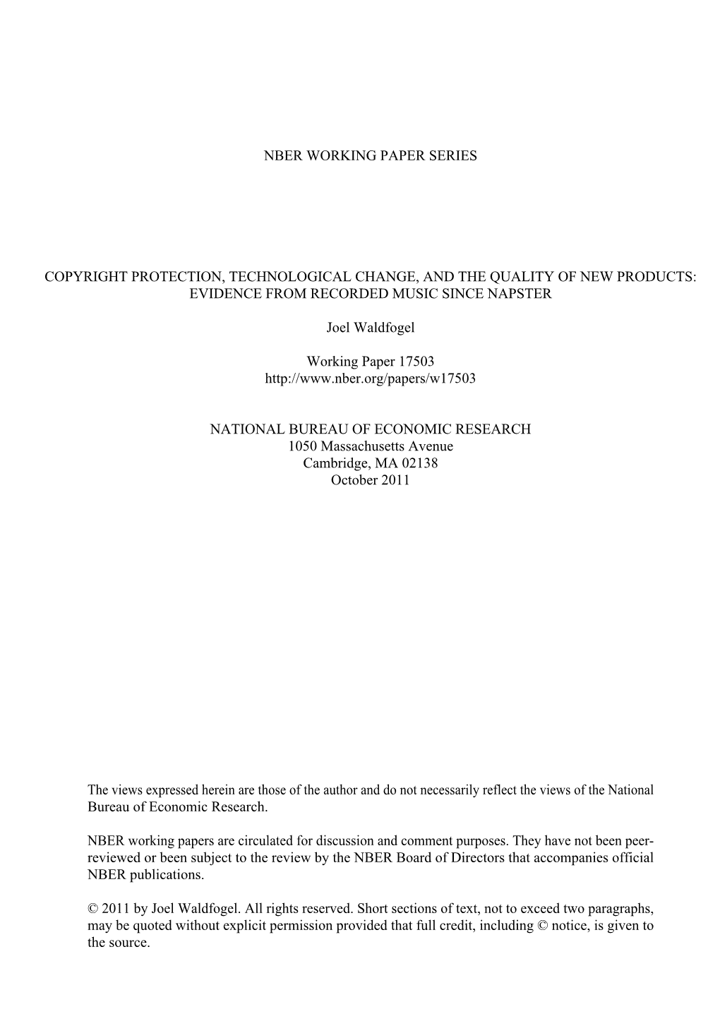 Nber Working Paper Series Copyright Protection