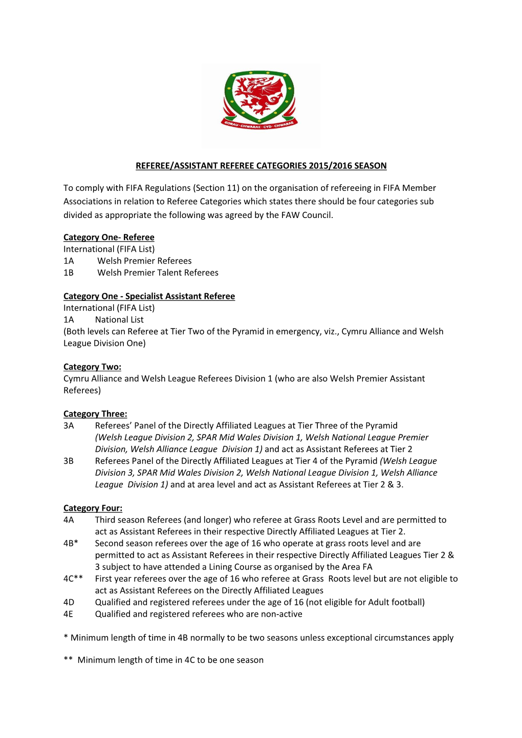 Referee/Assistant Referee Categories 2015/2016 Season