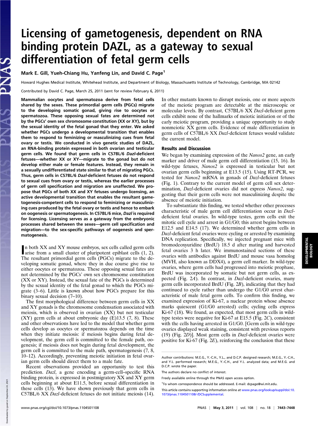 Licensing of Gametogenesis, Dependent on RNA Binding Protein DAZL, As a Gateway to Sexual Differentiation of Fetal Germ Cells