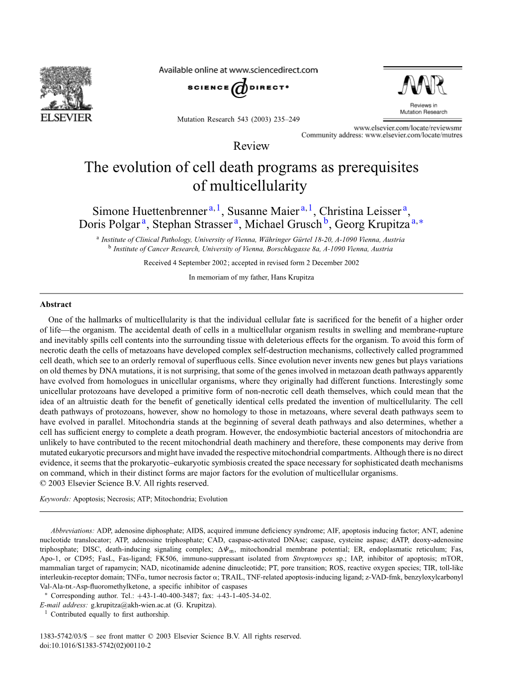 The Evolution of Cell Death Programs As Prerequisites of Multicellularity