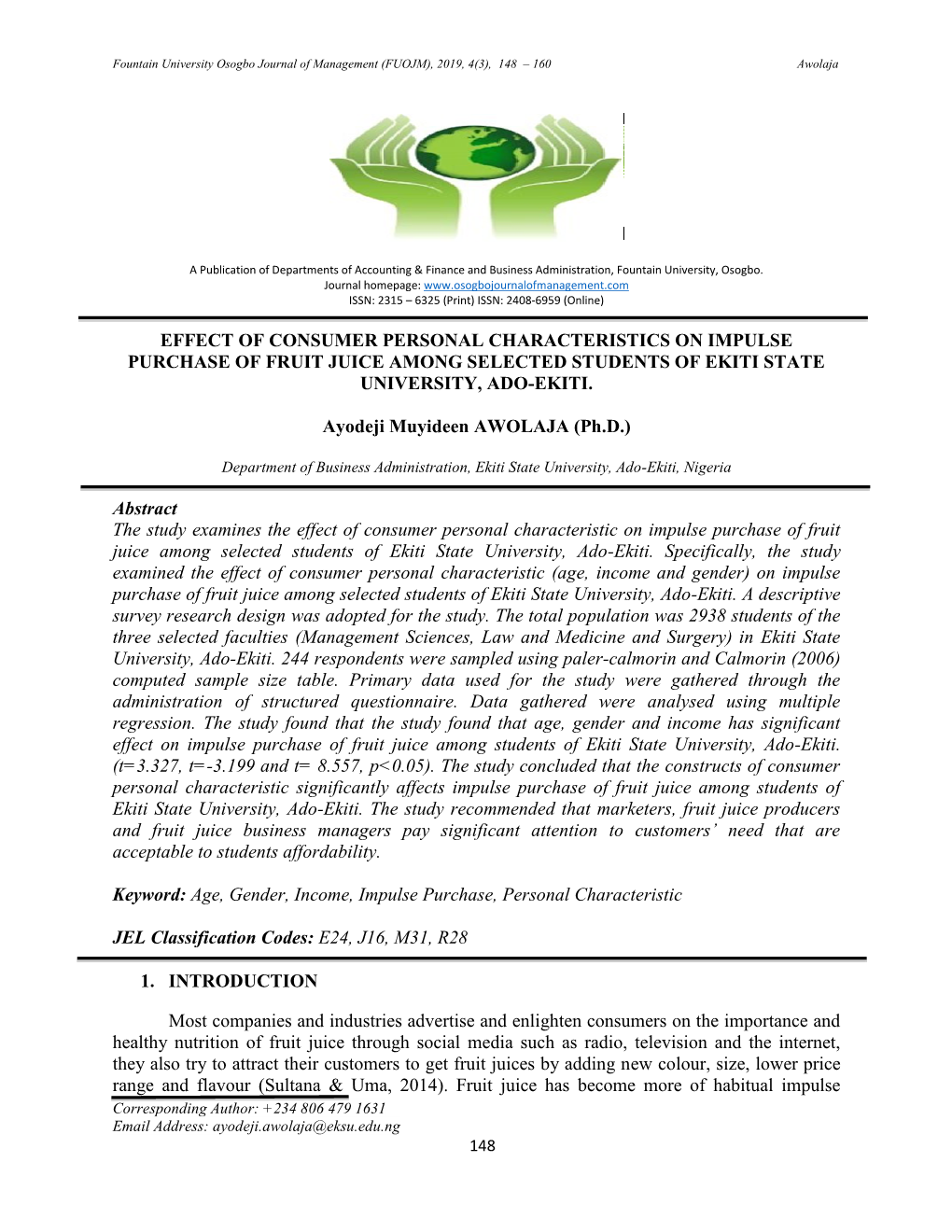 Effect of Consumer Personal Characteristics on Impulse Purchase of Fruit Juice Among Selected Students of Ekiti State University, Ado-Ekiti