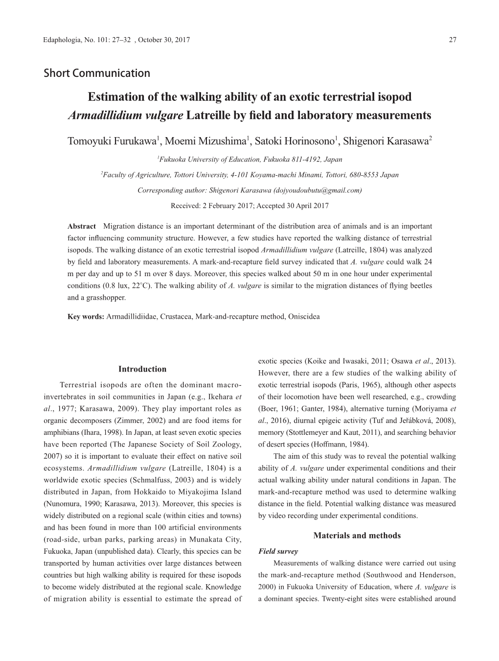 Estimation of the Walking Ability of an Exotic Terrestrial Isopod Armadillidium Vulgare Latreille by Field and Laboratory Measurements