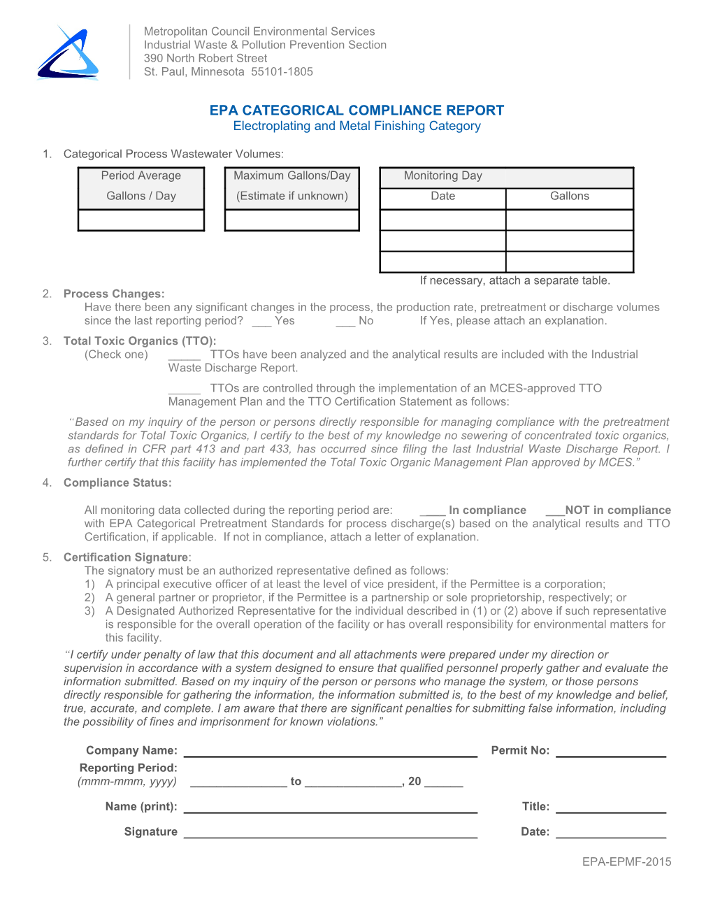 EPA Categorical Industrial User Compliance Report - Electroplating and Metal Finishing