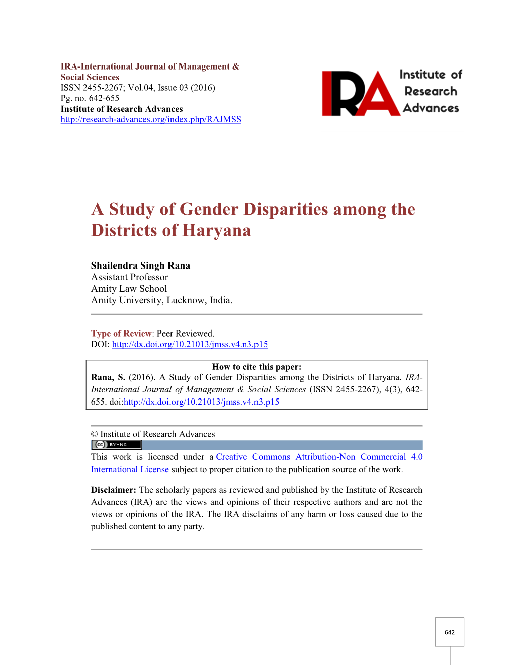 A Study of Gender Disparities Among the Districts of Haryana