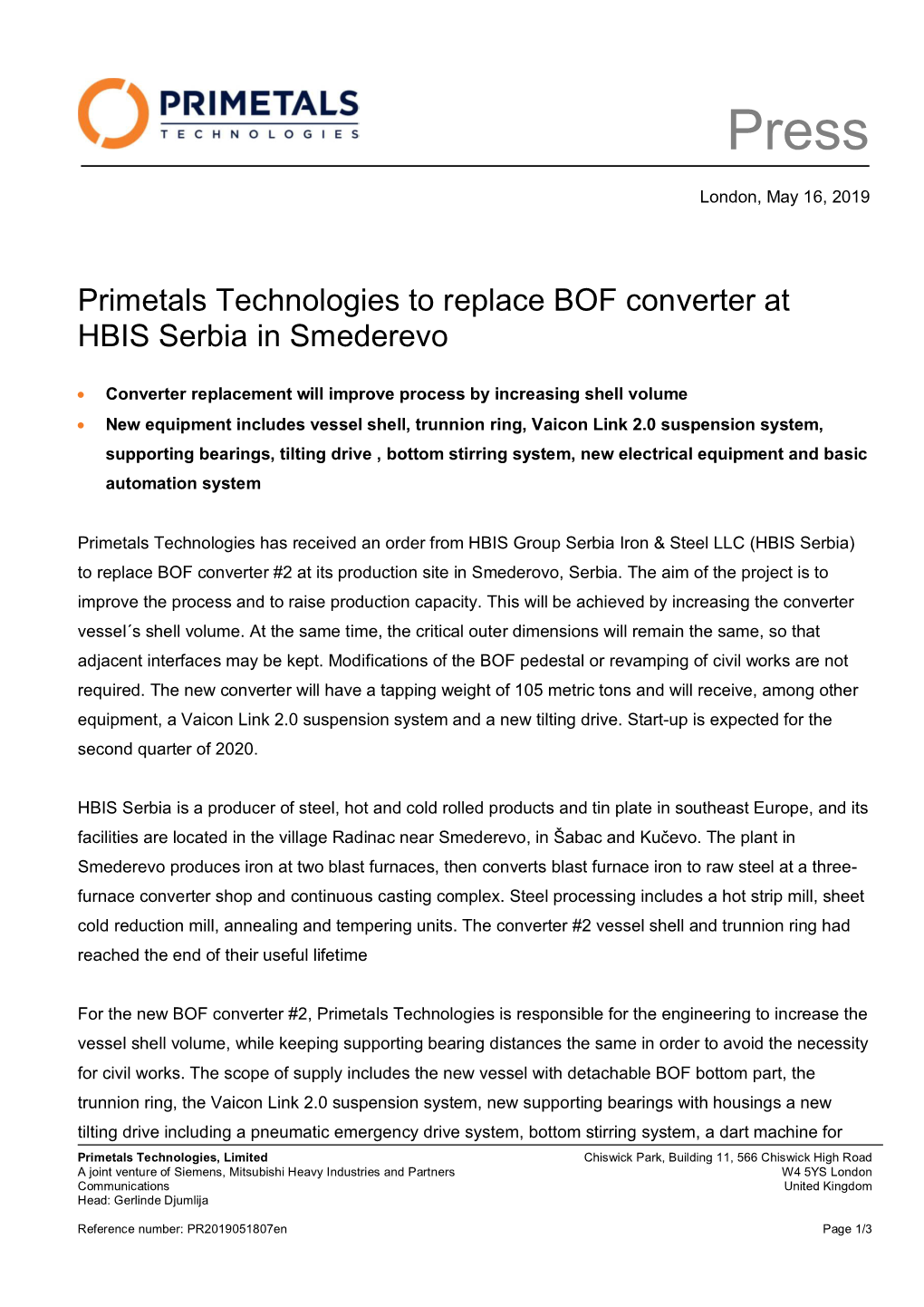 Primetals Technologies to Replace BOF Converter at HBIS Serbia in Smederevo