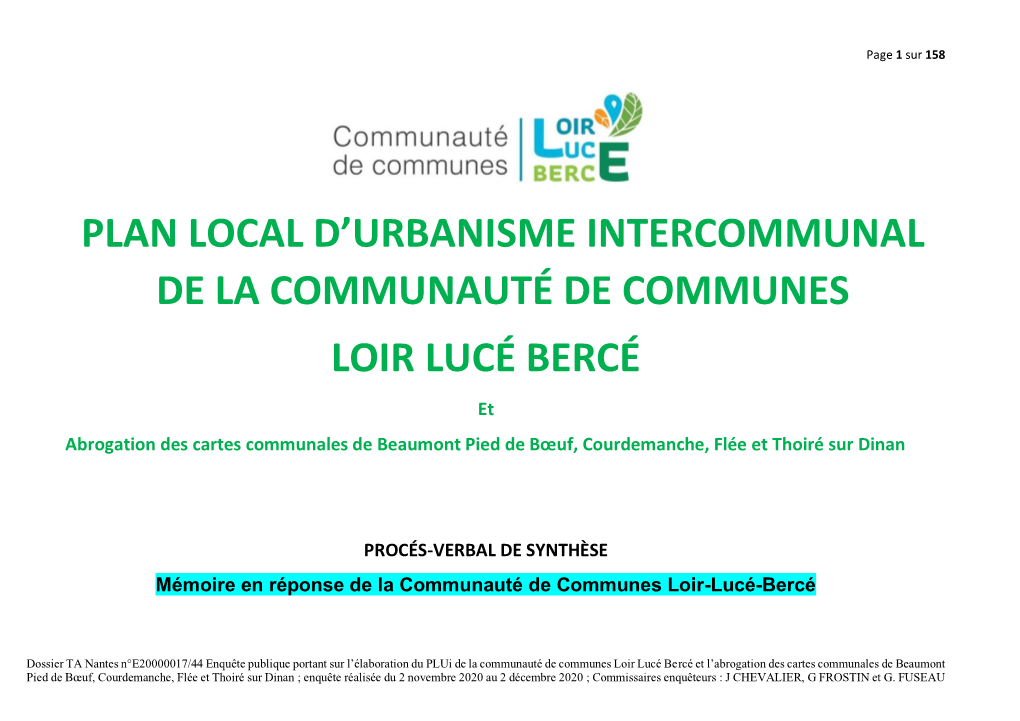 Plan Local D'urbanisme Intercommunal De La Communauté De Communes