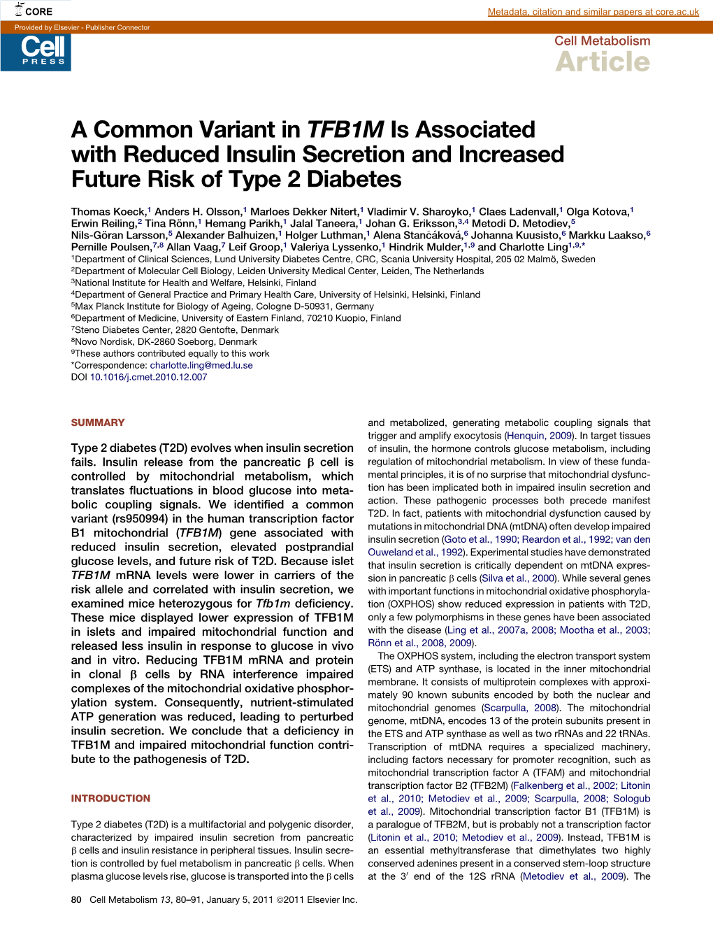 A Common Variant in TFB1M Is Associated with Reduced Insulin Secretion and Increased Future Risk of Type 2 Diabetes