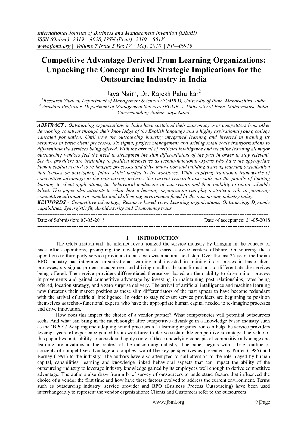 Competitive Advantage Derived from Learning Organizations: Unpacking the Concept and Its Strategic Implications for the Outsourcing Industry in India
