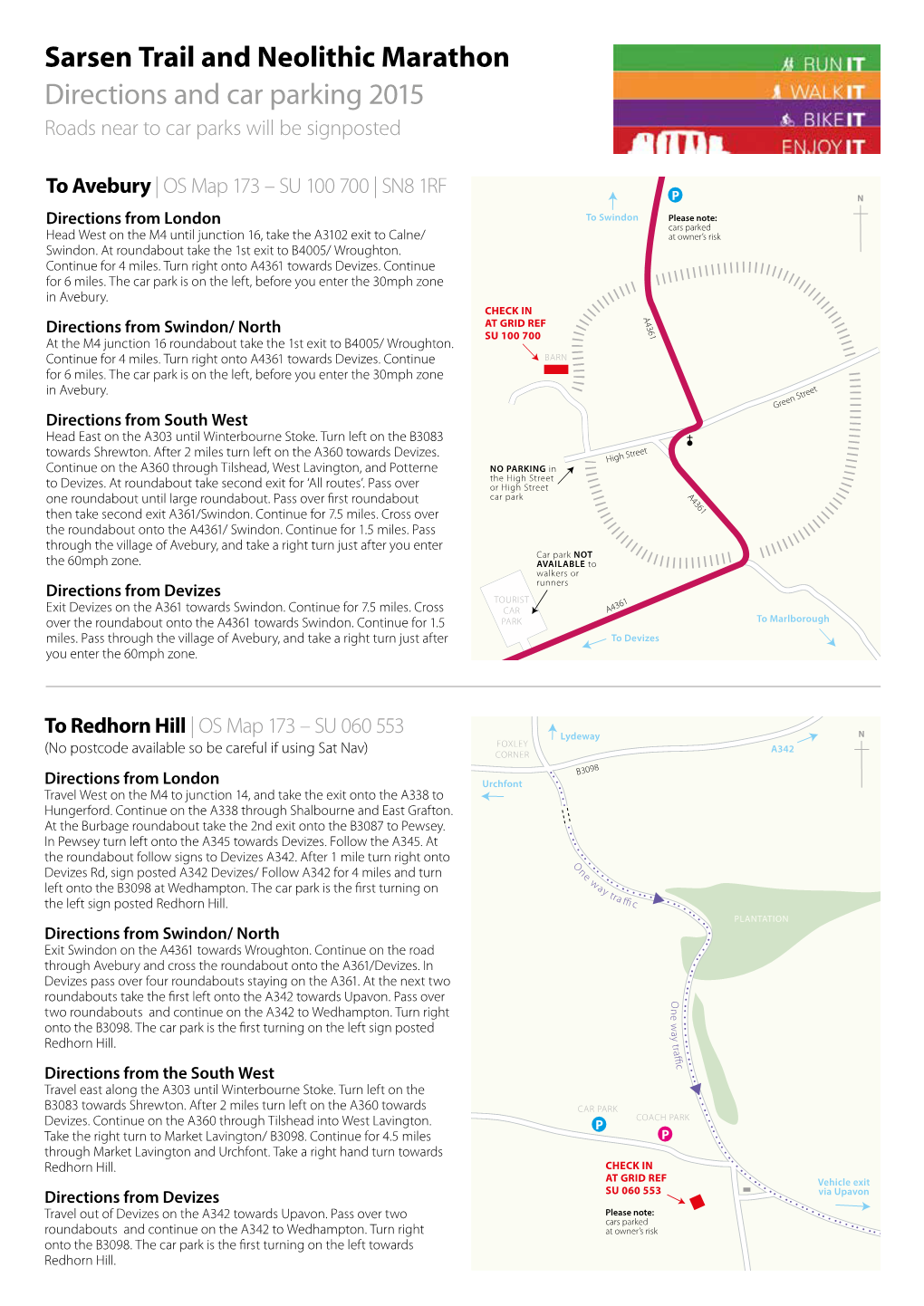 Sarsen Trail and Neolithic Marathon Directions and Car Parking 2015 Roads Near to Car Parks Will Be Signposted