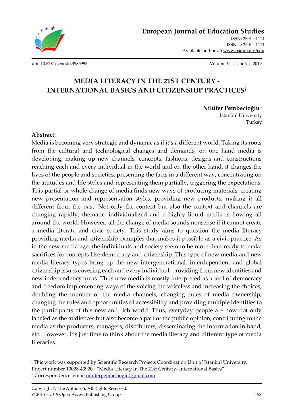 European Journal of Education Studies MEDIA LITERACY in THE