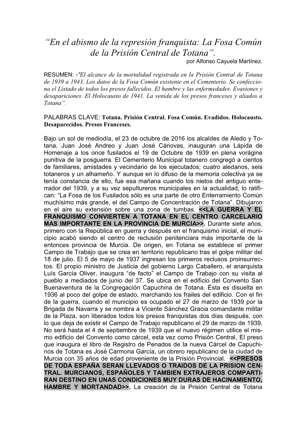 “En El Abismo De La Represión Franquista: La Fosa Común De La Prisión Central De Totana”