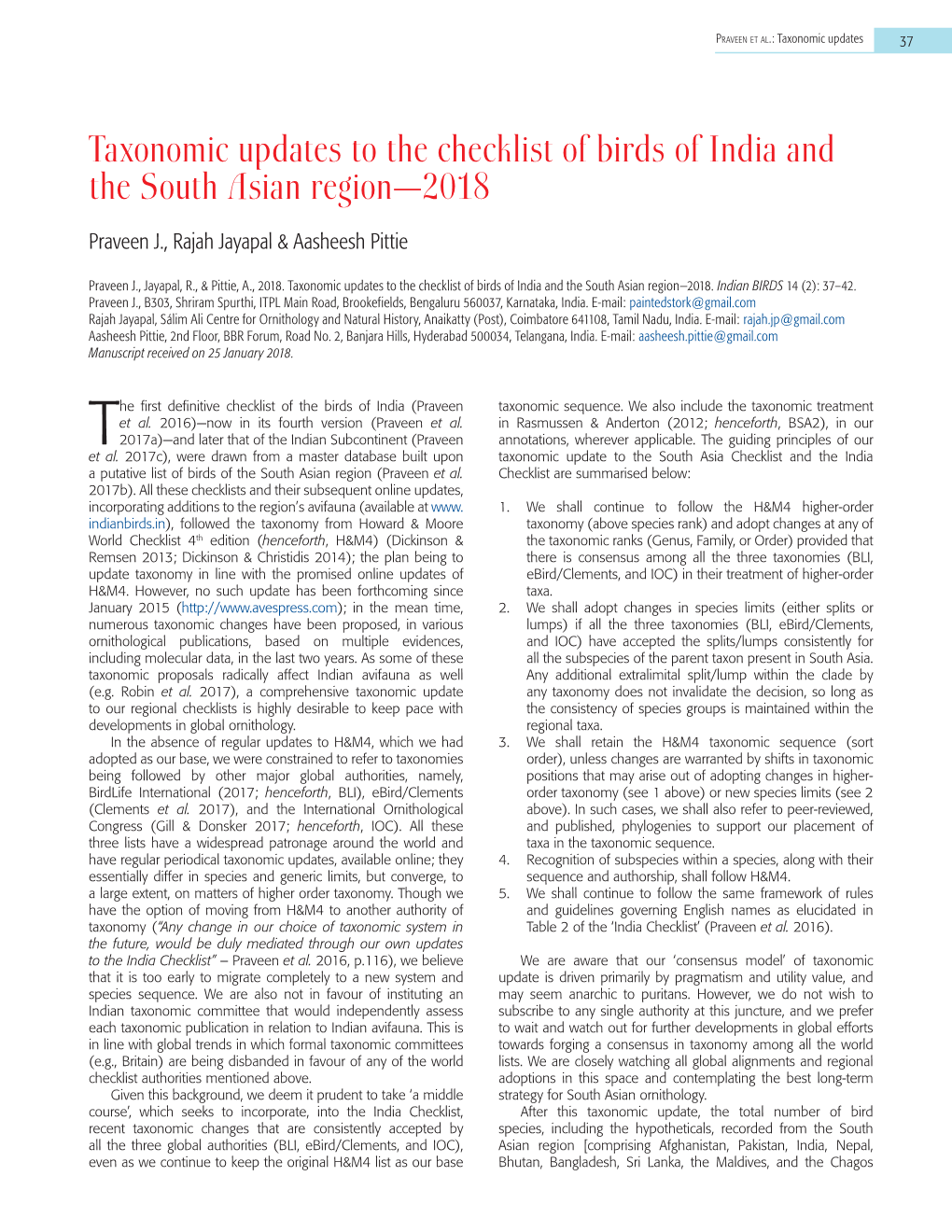 Taxonomic Updates to the Checklist of Birds of India and the South Asian Region—2018