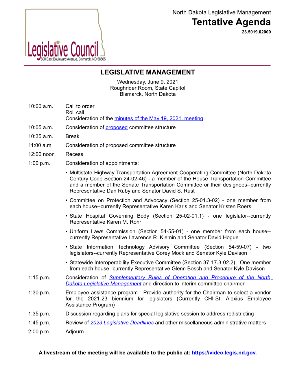 Legislative Management Tentative Agenda 23.5019.02000