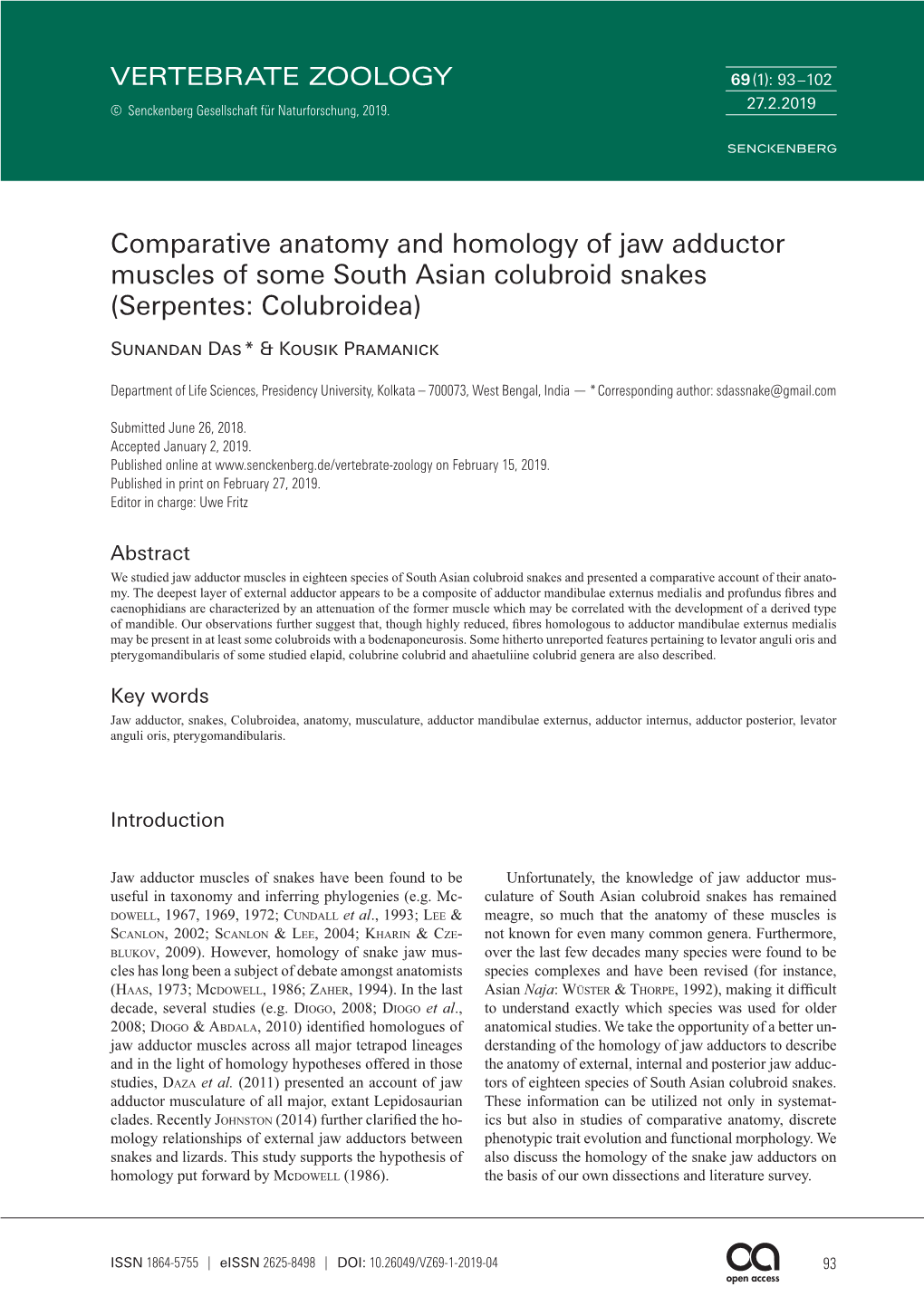 Comparative Anatomy and Homology of Jaw Adductor Muscles of Some South Asian Colubroid Snakes (Serpentes: Colubroidea)