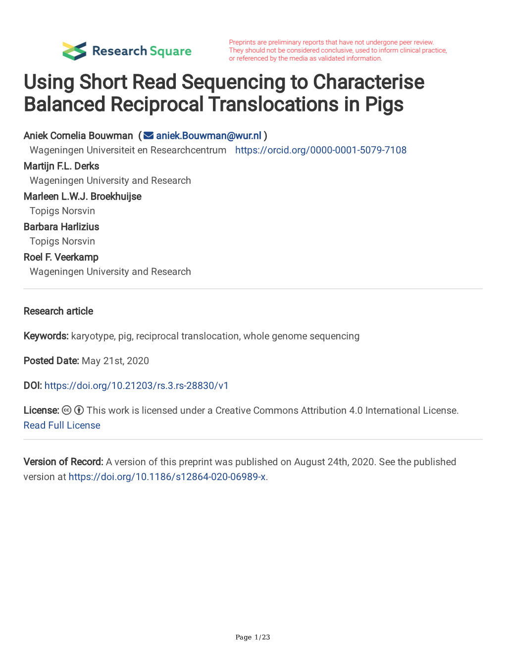 Using Short Read Sequencing to Characterise Balanced Reciprocal Translocations in Pigs