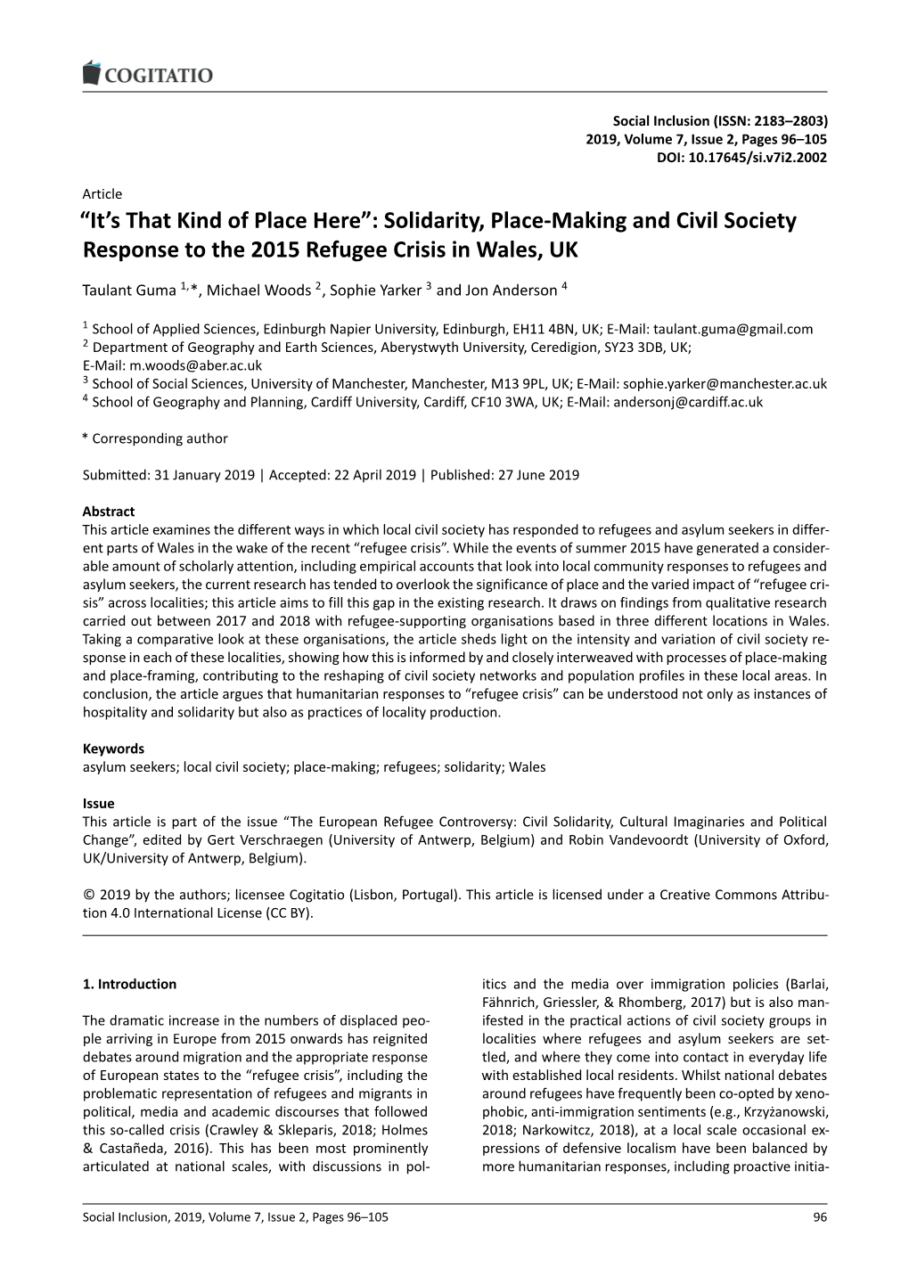 Solidarity, Place-Making and Civil Society Response to the 2015 Refugee Crisis in Wales, UK