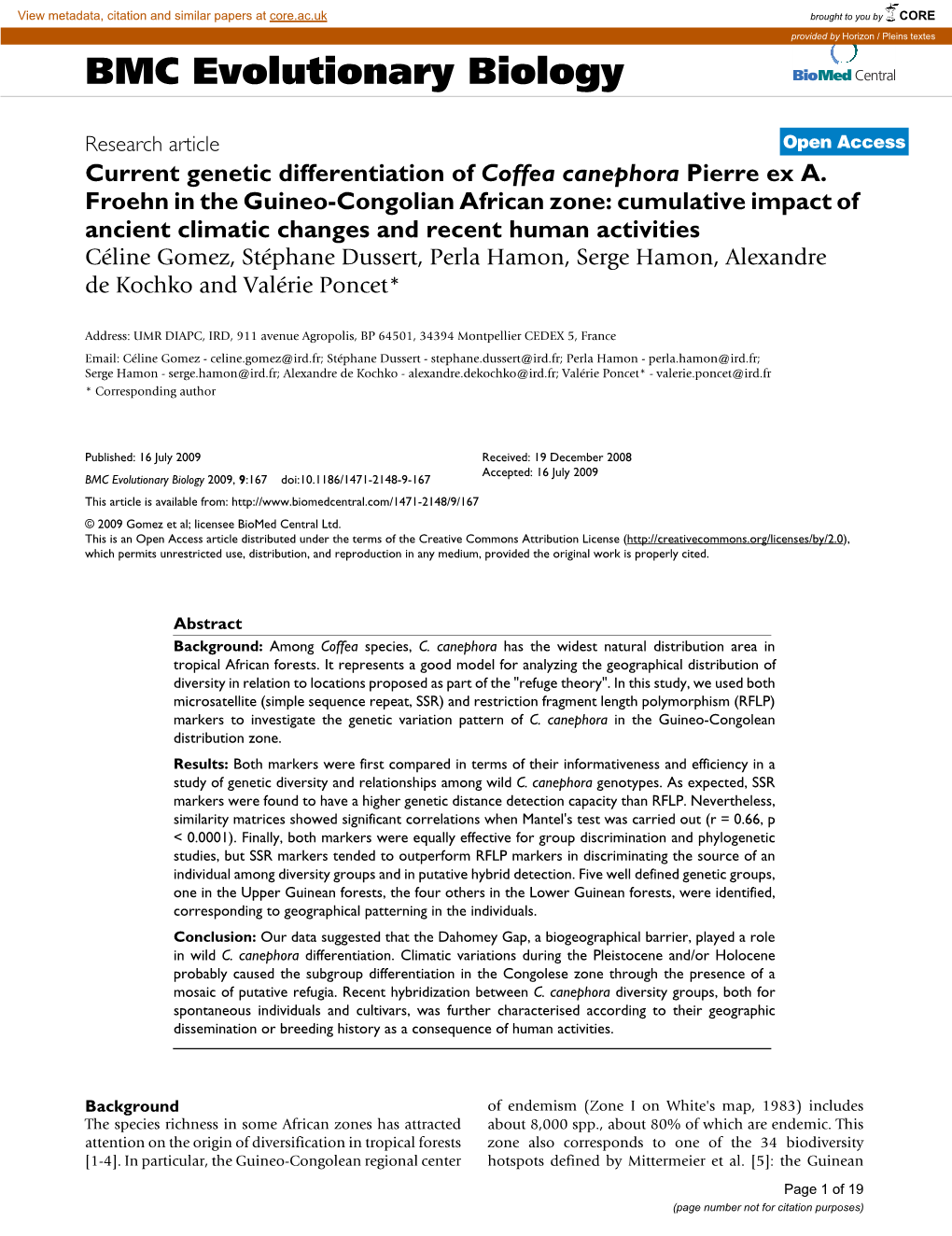 Current Genetic Differentiation of Coffea Canephora Pierre Ex A. Froehn in the Guineo-Congolian African Zone