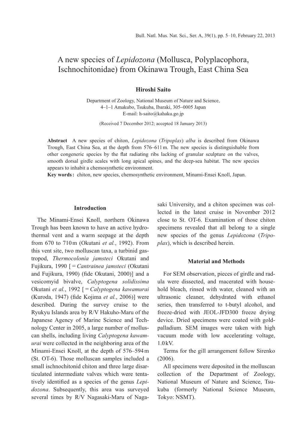 A New Species of Lepidozona (Mollusca, Polyplacophora, Ischnochitonidae) from Okinawa Trough, East China Sea