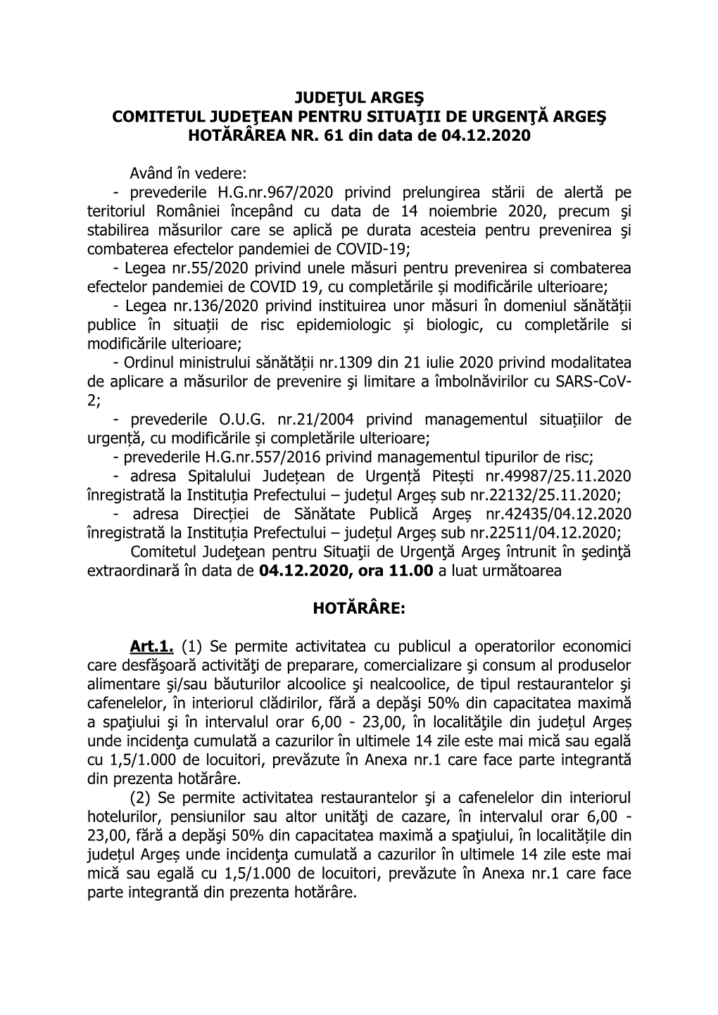 Judeţul Argeş Comitetul Judeţean Pentru Situaţii De Urgenţă Argeş Hotărârea Nr