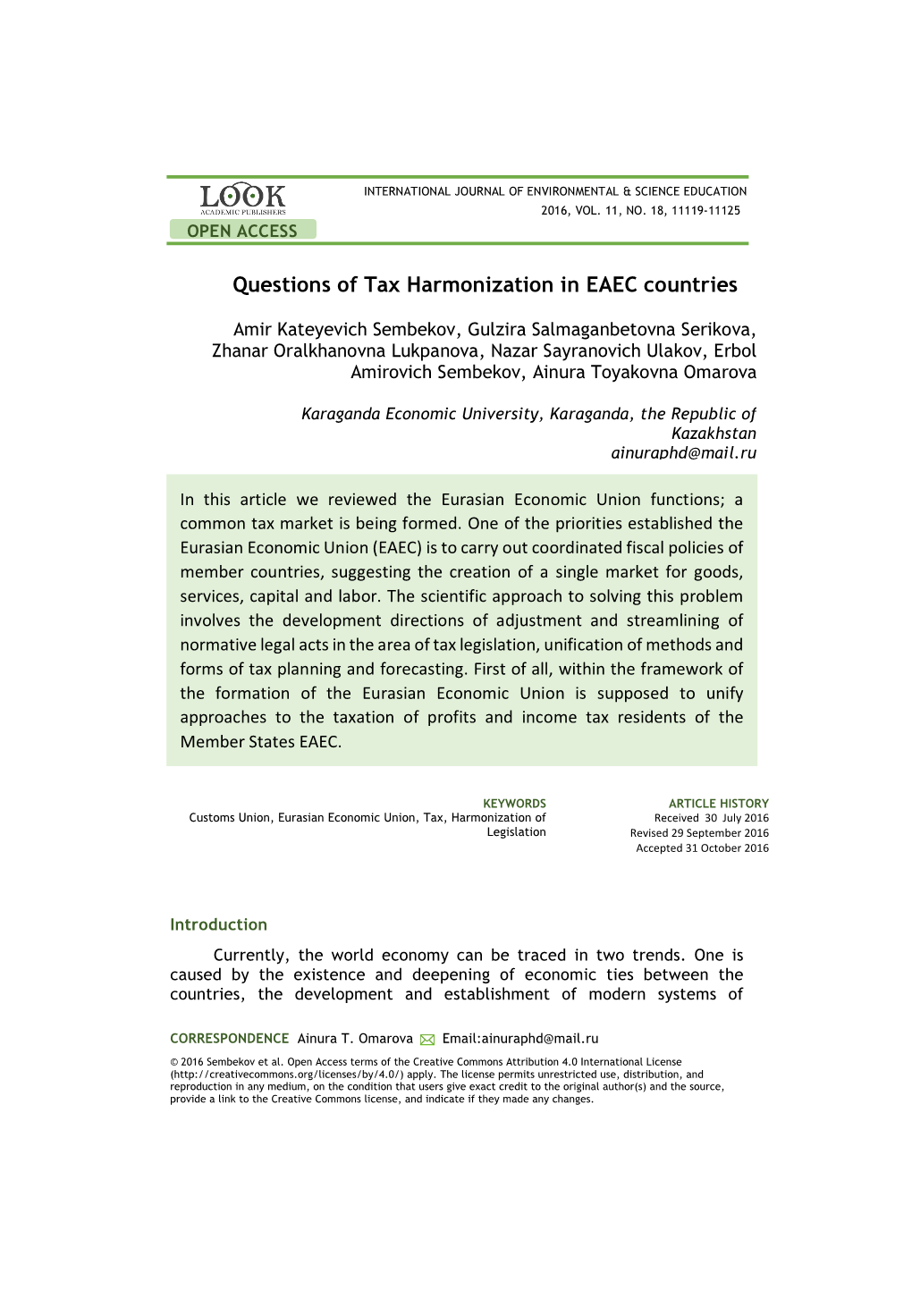 Questions of Tax Harmonization in EAEC Countries