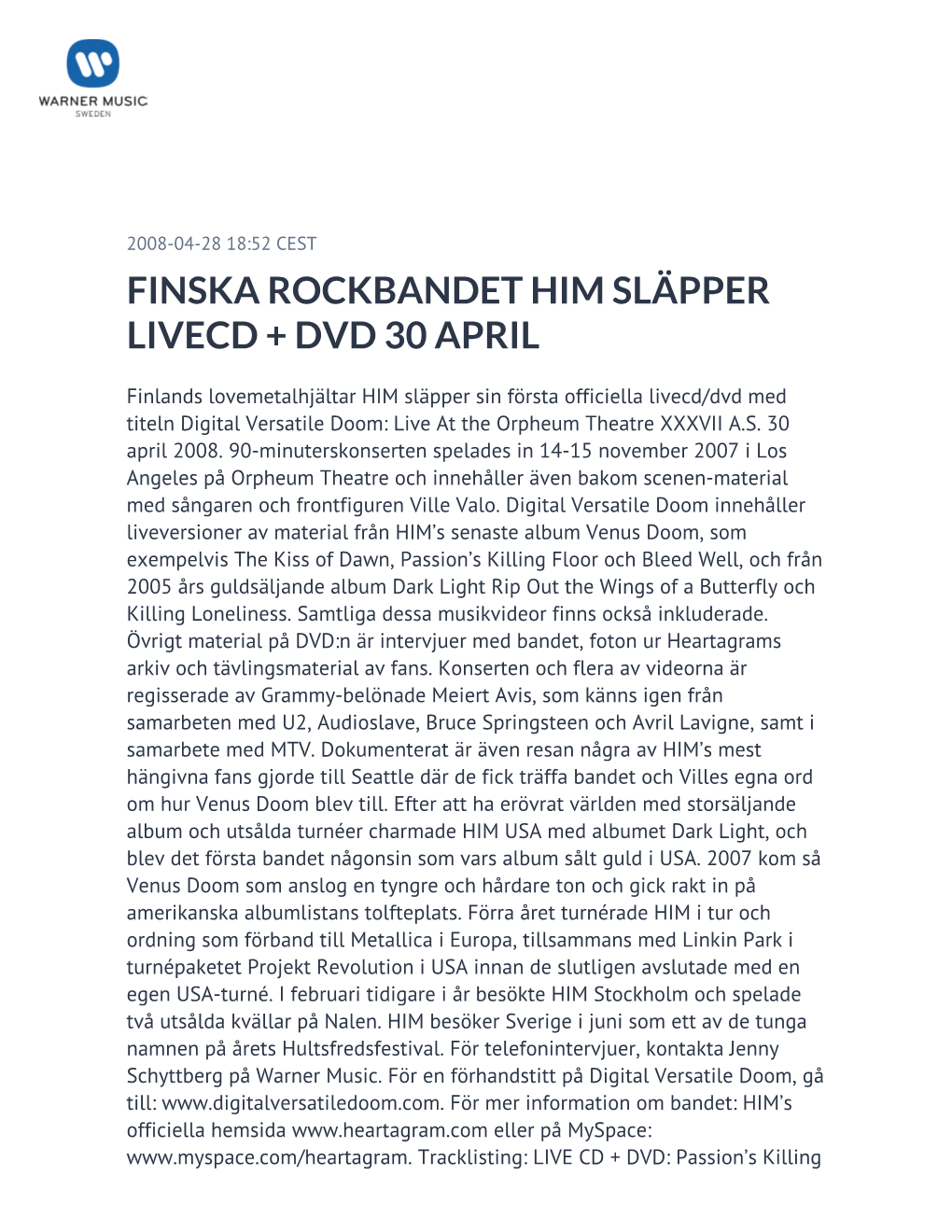 Finska Rockbandet Him Släpper Livecd + Dvd 30 April