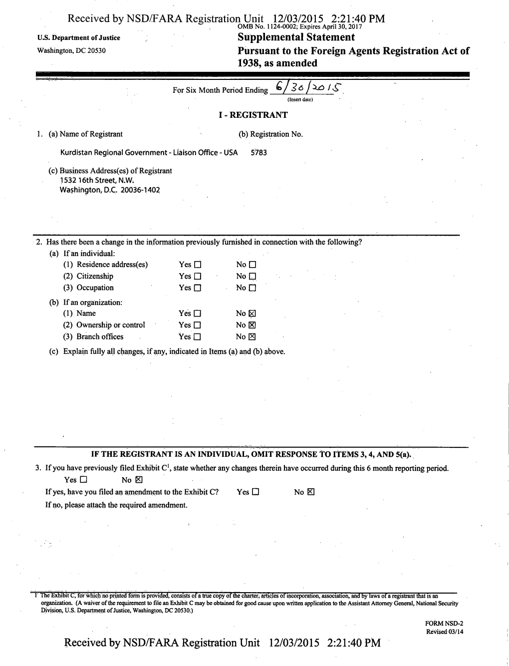 Supplemental Statement Washington, DC 20530 Pursuant to the Foreign Agents Registration Act of 1938, As Amended