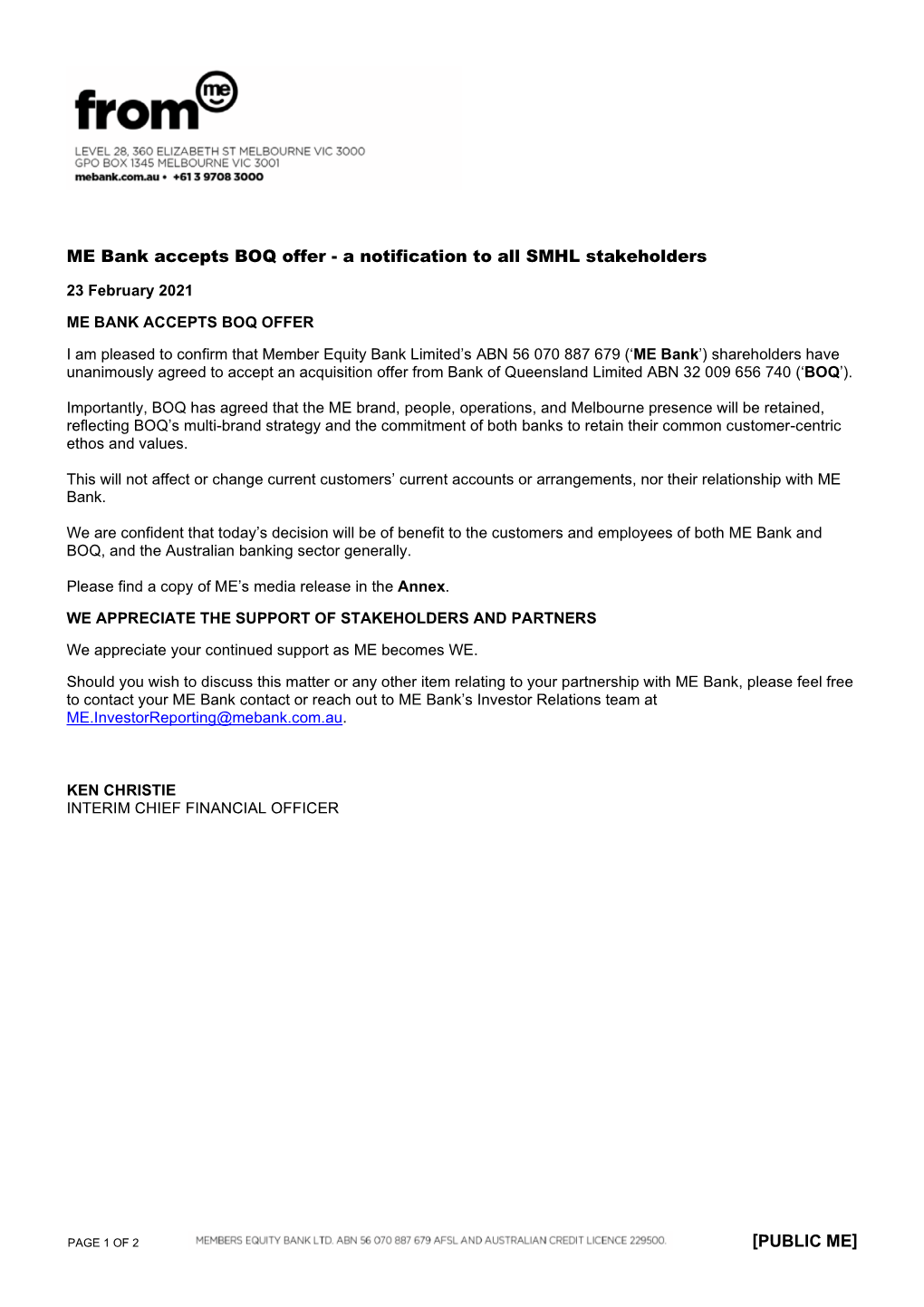 ME Bank Accepts BOQ Offer - a Notification to All SMHL Stakeholders