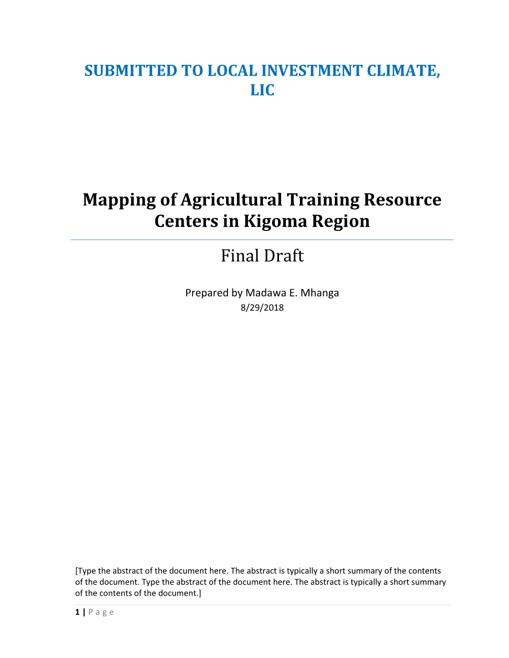Mapping of Agricultural Resource Centers in Kigoma, August 2018