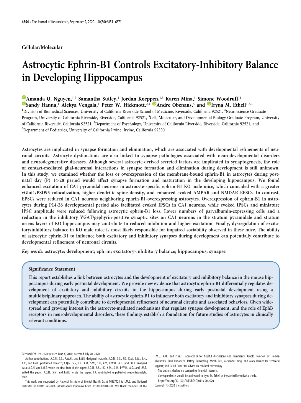 Astrocytic Ephrin-B1 Controls Excitatory-Inhibitory Balance in Developing Hippocampus
