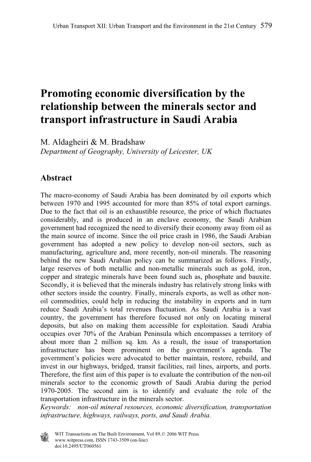 Promoting Economic Diversification by the Relationship Between the Minerals Sector and Transport Infrastructure in Saudi Arabia