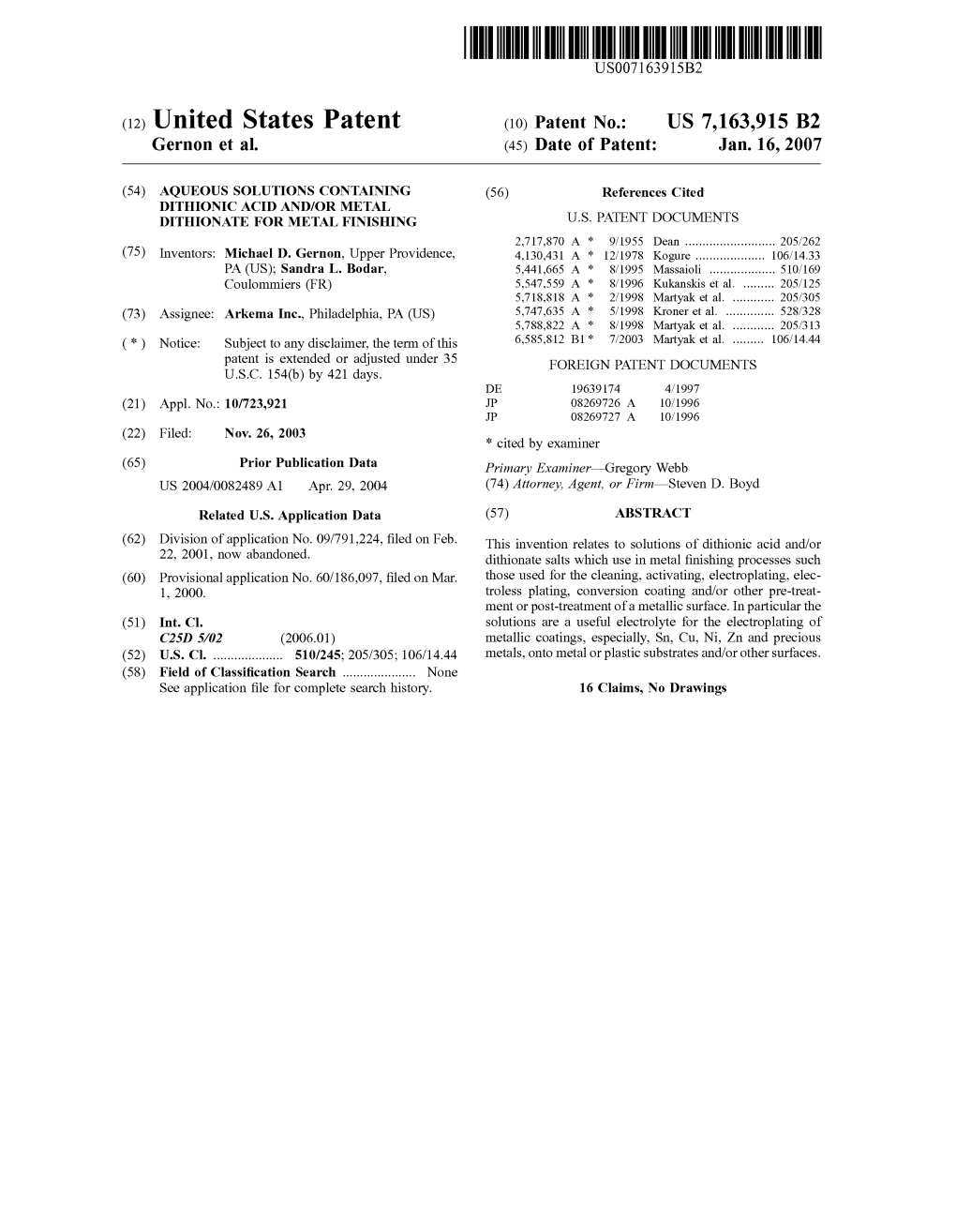 (12) United States Patent (10) Patent N0.: US 7,163,915 B2 Gernon Et Al