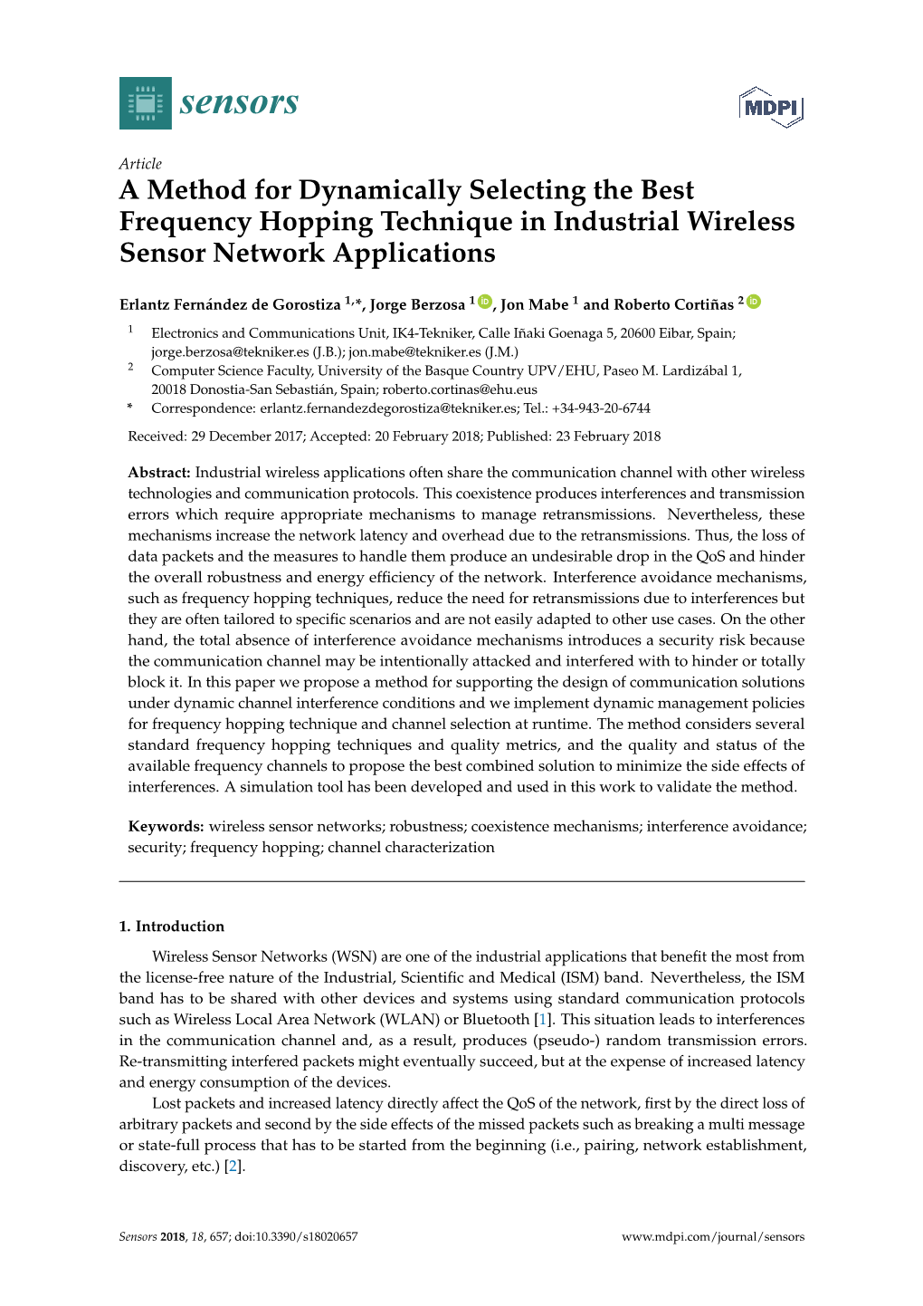 A Method for Dynamically Selecting the Best Frequency Hopping Technique in Industrial Wireless Sensor Network Applications