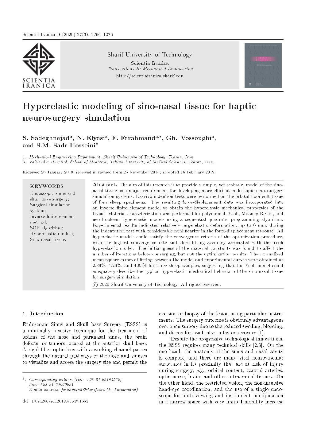 Hyperelastic Modeling of Sino-Nasal Tissue for Haptic Neurosurgery Simulation