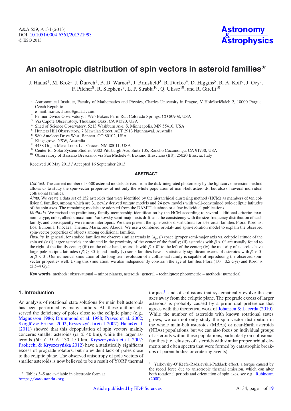 An Anisotropic Distribution of Spin Vectors in Asteroid Families⋆