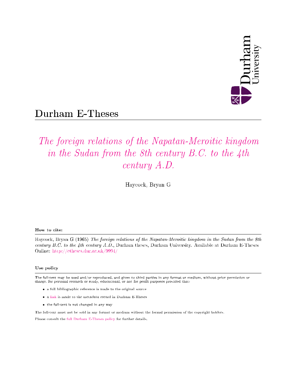 The Foreign Relations of the Napatan-Meroitic Kingdom in the Sudan from the 8Th Century B.C. to the 4Th Century A.D