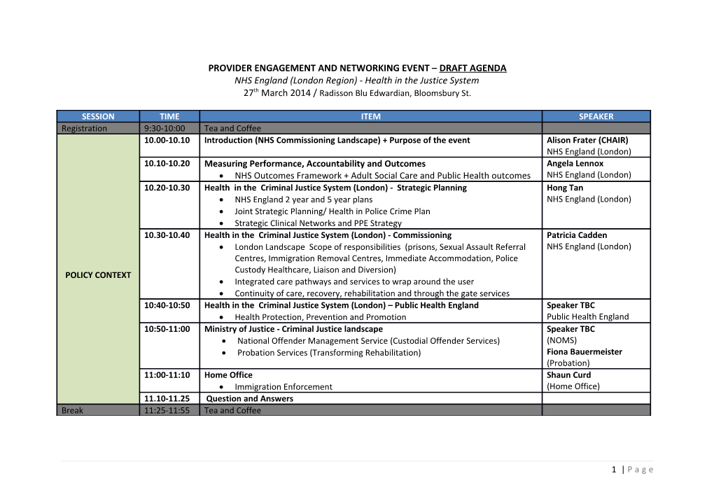 Provider Engagement and Networking Event Draft Agenda