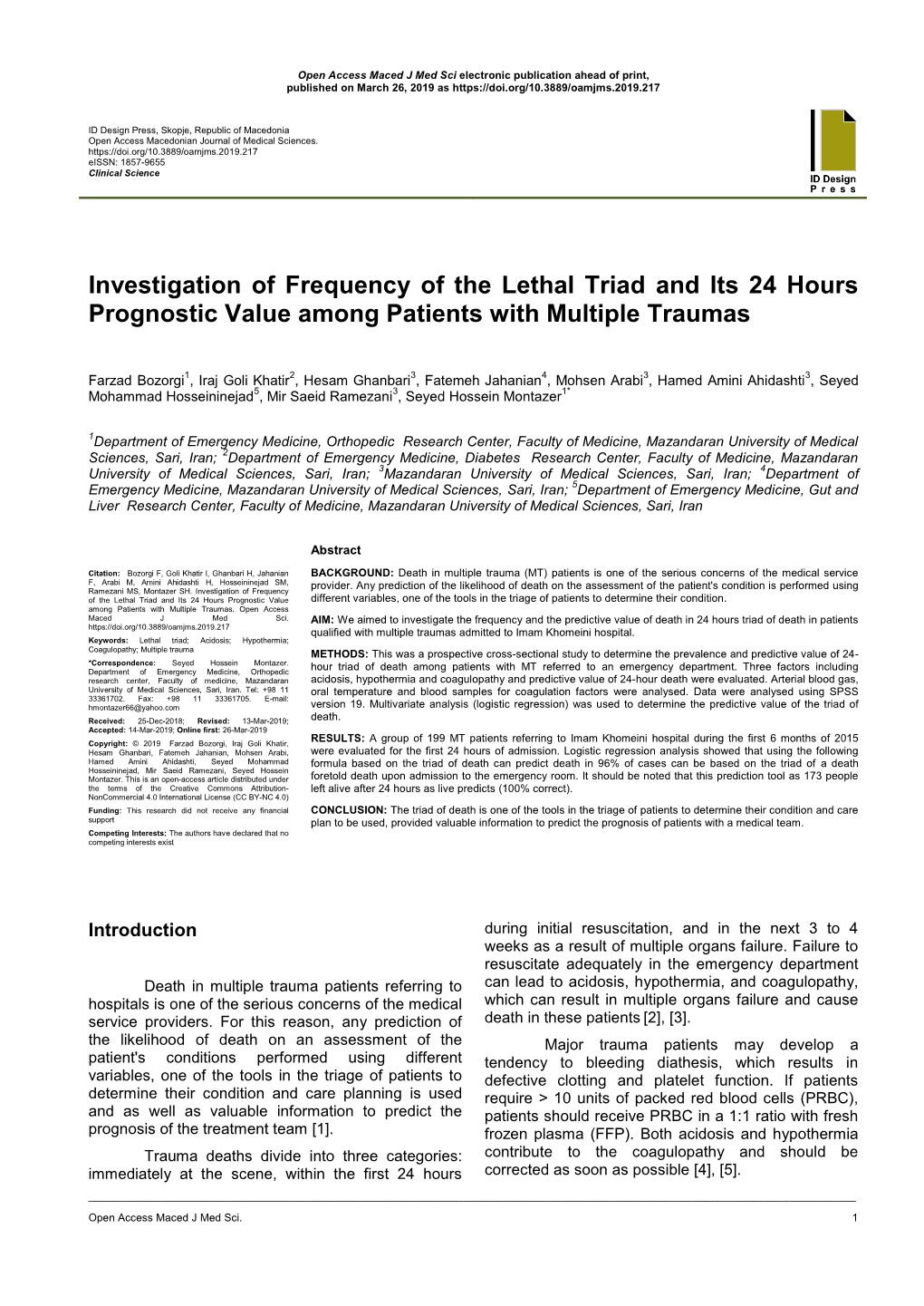 Investigation of Frequency of the Lethal Triad and Its 24 Hours Prognostic Value Among Patients with Multiple Traumas