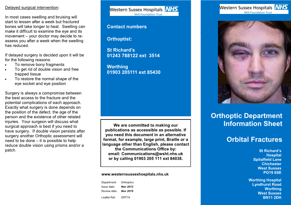 Orthoptic Department Information Sheet Orbital Fractures