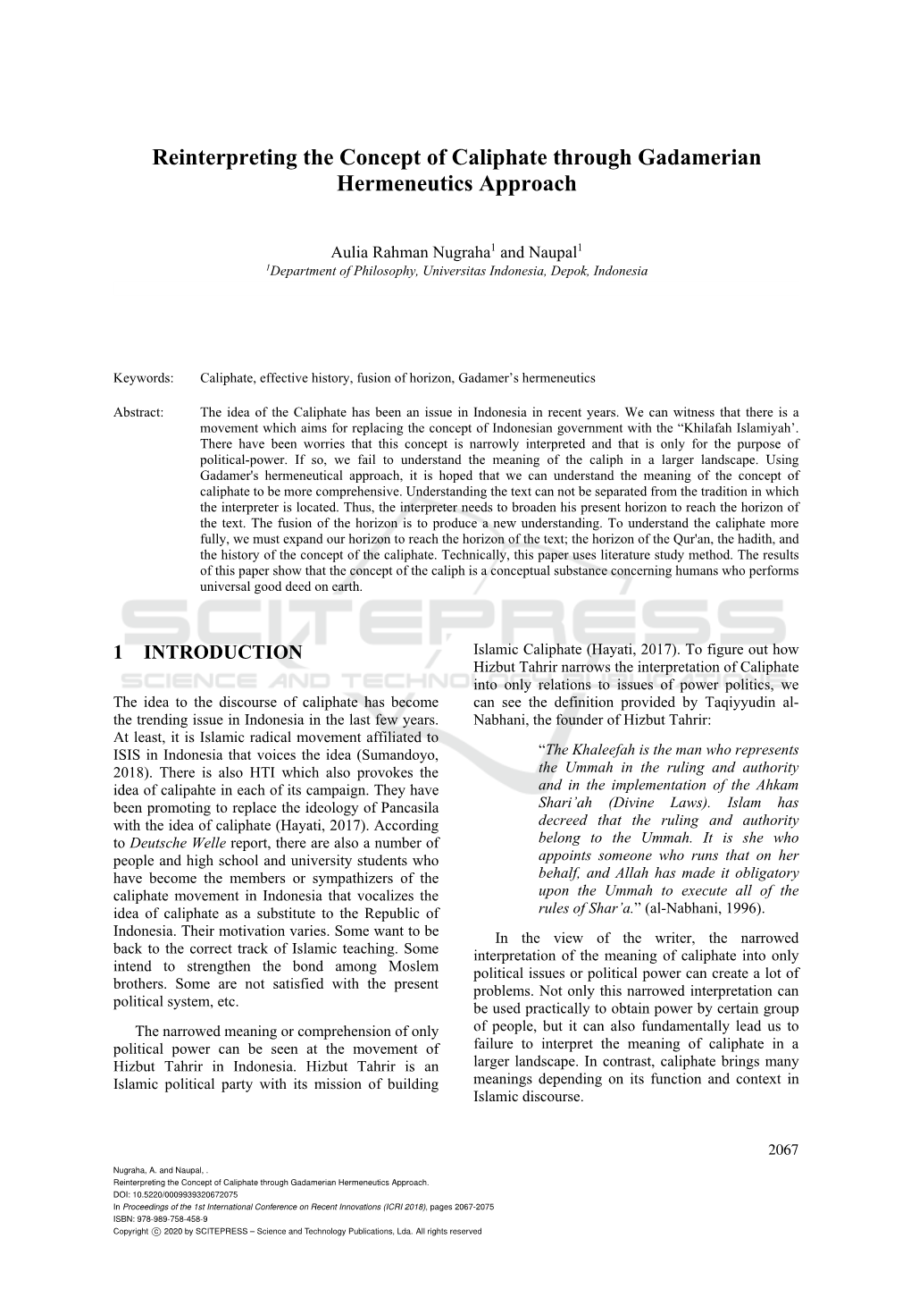 Reinterpreting the Concept of Caliphate Through Gadamerian Hermeneutics Approach