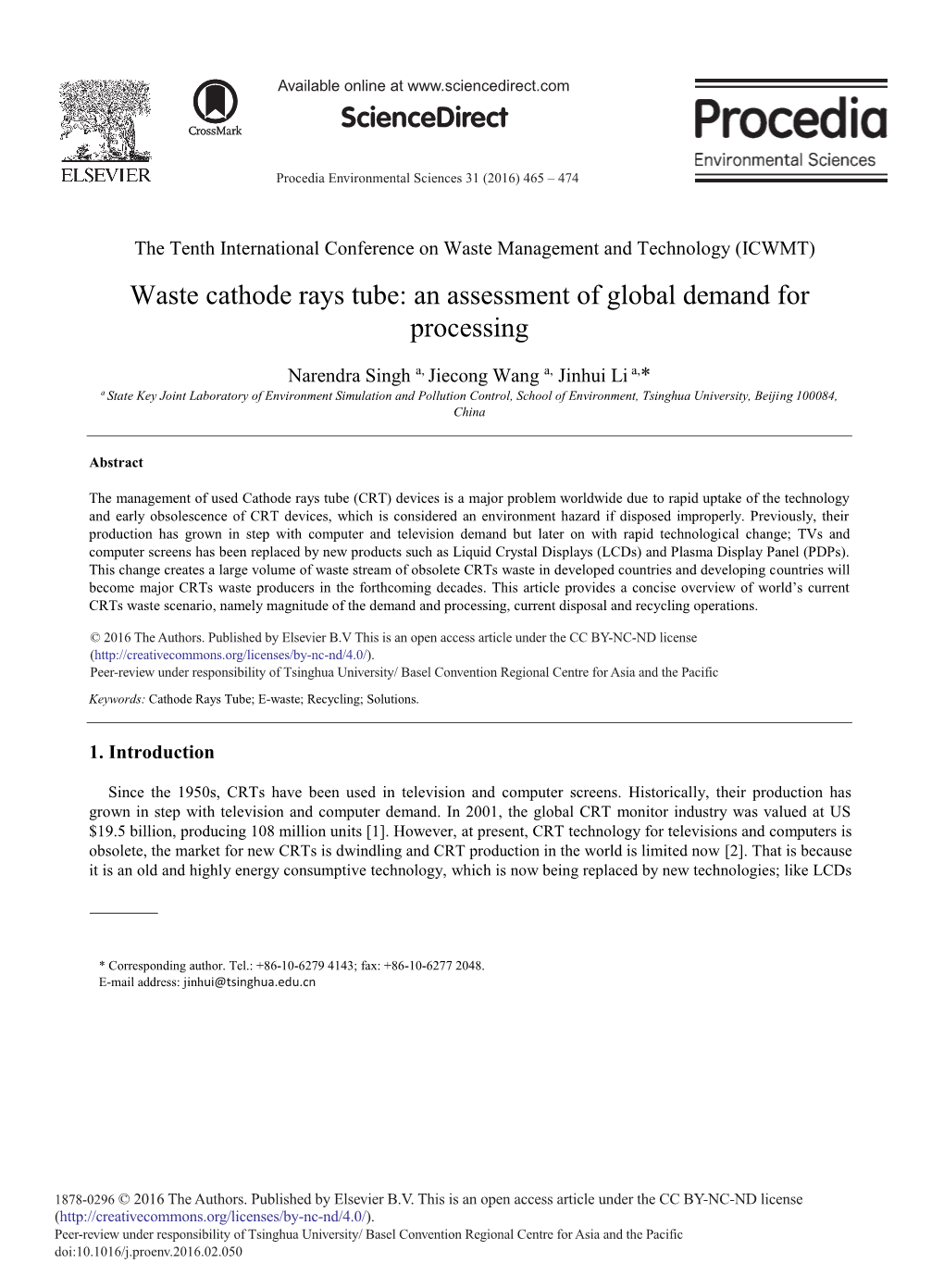 Waste Cathode Rays Tube: an Assessment of Global Demand for Processing