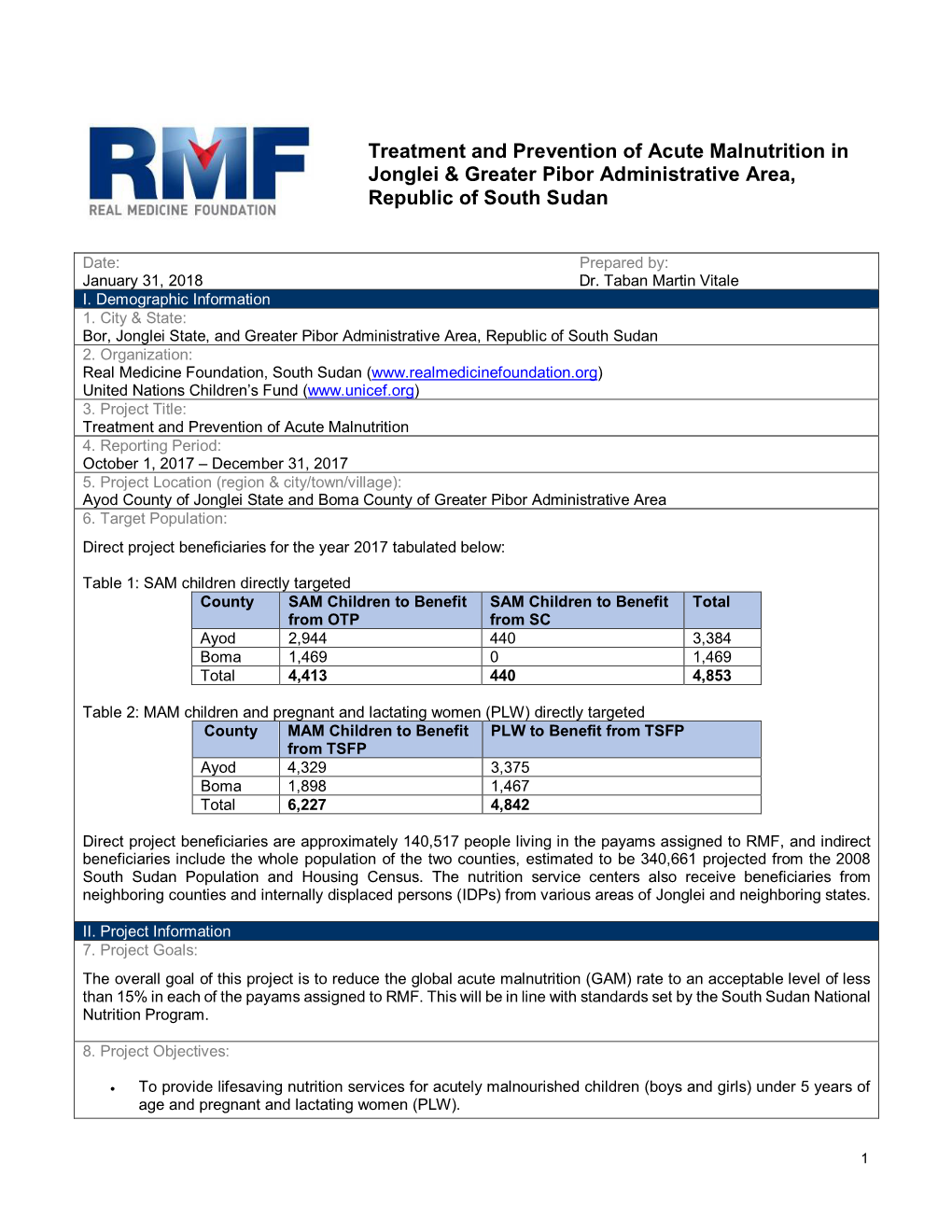 Treatment and Prevention of Acute Malnutrition in Jonglei & Greater