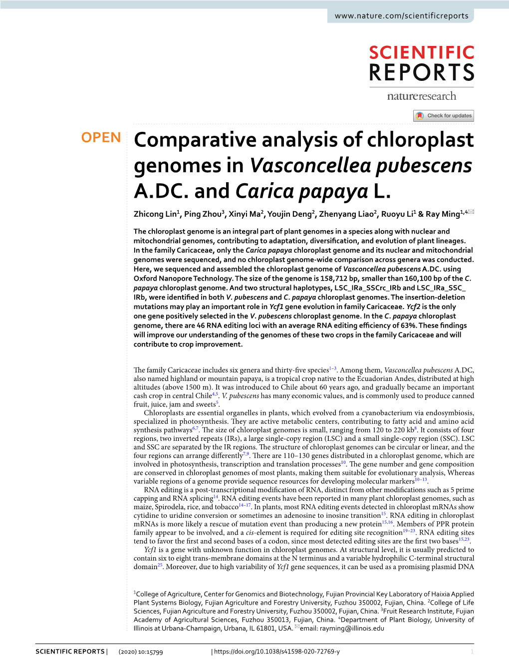 Comparative Analysis of Chloroplast Genomes in Vasconcellea Pubescens A.DC