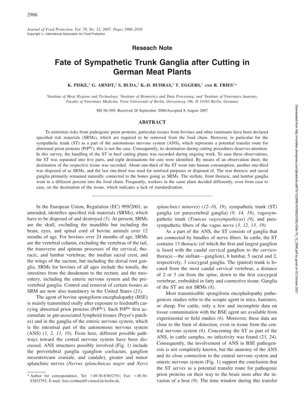 Fate of Sympathetic Trunk Ganglia After Cutting in German Meat Plants