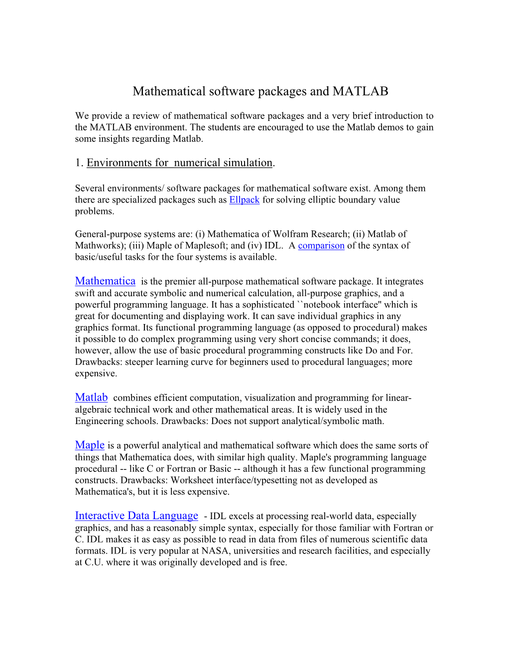 Mathematical Software Packages and MATLAB