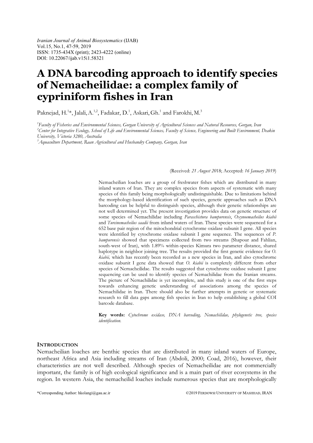 A DNA Barcoding Approach to Identify Species of Nemacheilidae: a Complex Family of Cypriniform Fishes in Iran