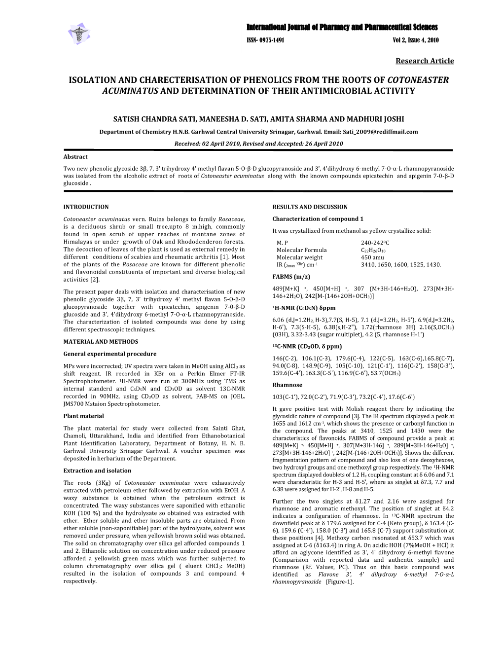 Isolation and Charecterisation of Phenolics from the Roots of Cotoneaster Acuminatus and Determination of Their Antimicrobial Activity